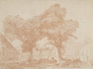 Bauernhof mit zwei Bäumen, zwischen denen Leitern stehen von Jean Honore Fragonard