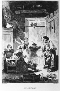 Illustration von Jean Honore Fragonard (1732-1806) für die Fabel von Jean de la Fontaine (1621-1695) „Belphegor“. Gravur