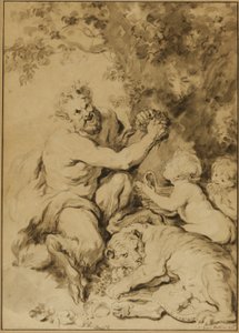 Satyr presst Trauben neben einem Tiger