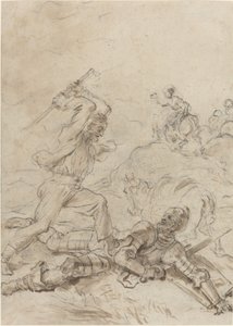 Der Maultiertreiber greift Don Quijote an, als er hilflos am Boden liegt