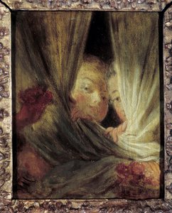 Die Neugierigen Zwei kleine Mädchen, die hinter den Vorhängen spionieren von Jean Honore Fragonard