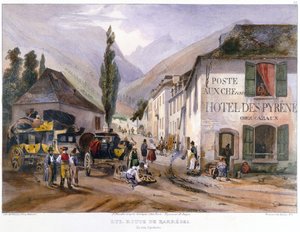 Ankunft und Reparatur einer Postkutsche in Luz auf dem Weg nach Barreges, ca. 1840 von Jean Jacottet
