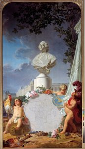 Gelehrtes Europa - Allegorische Darstellung des Ruhms Frankreichs, die Büste von Ludwig XVI. dominiert eine Karte der französischen Besitzungen von Jean Jacques Bachelier