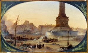 Revolution von 1848: Ansicht des Place de la Bastille und der Barrikade am Eingang des Faubourg Saint Antoine am 25.06.1848. Gemälde auf maroufliertem Papier von Jean Jacques Champin. Paris, Musée Carnavalet von Jean Jacques Champin