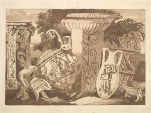 Komposition mit antiken Fragmenten und einer lehnenden Vase, aus Recueil de Compositions..., 1782-84
