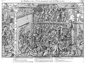 Das Massaker an der protestantischen Bevölkerung durch die Truppen des Herzogs von Guise in Wassy-sur-Blaise, 1. März 1562, graviert von Jacques Tortorel (1568-92) von Jean Jacques Perrissin