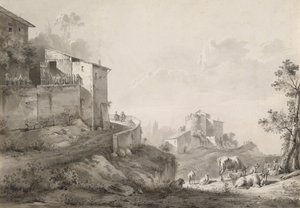Eine sonnenbeschienene Landschaft mit Häusern auf dem Hügel von Jean Jacques de Boissieu
