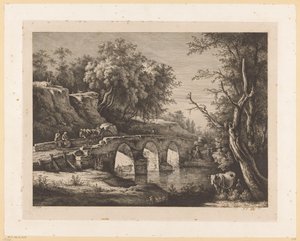 Landschaft mit Figuren auf einer Steinbrücke
