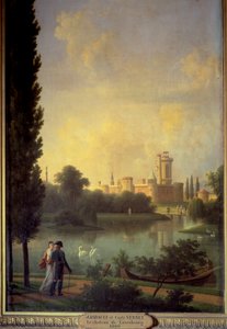 Das Schloss von Laxenburg (Österreich), im Vordergrund der Kaiser von Österreich und die Erzherzogin Marie Louise. Gemälde von Joseph Bidault (1758-1846) von Jean Joseph Bidault