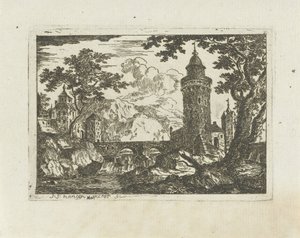 Turm und Steinbrücke in einer Berglandschaft von Jean Joseph Hanson