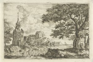 Fischer bei einer Kirche an einer Küste von Jean Joseph Hanson