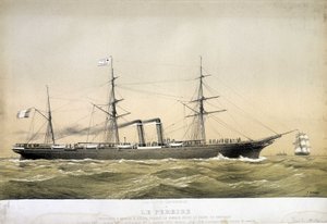 Der Pereire-Dampfer und Propeller, der zwischen Le Havre und New York und 1868 zwischen Brest und New York verkehrte. "Der Pereire" wurde 1864 in Glasgow gebaut. Er gehört zur Compagnie Générale Transatlantique von Emile Pereire.
