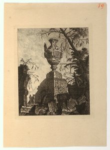 Pyramide mit einem monumentalen Vase, aus "Collection de divers sujets de vases, tombeaux, ruines et fontaines, utile aux artistes..."