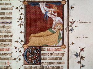 Der Tod des heiligen Vinzenz von Zaragoza im Jahr 304. Miniatur aus „Breviarium Parisiense“ (Breviaire de Paris) bekannt als Breviaire de Charles V, illustriert von Jean Le Noir