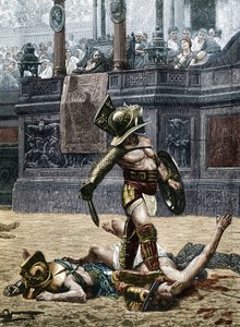 Gladiatoren in der römischen Arena. Zuschauer warnen den Sieger, seinen besiegten Gegner nicht zu verschonen und ihn zu töten. Gravur nach einem Detail des Gemäldes von Jean Leon Gerome