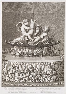 Brunnen mit zwei Amoren, die auf einem Flusskrebs reiten, entworfen von Jacques Houseau, in Versailles, 1677