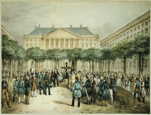 Begräbnis der Revolutionäre auf dem Place des Martyres de la Liberte, Brüssel, 2. Oktober 1830, graviert von A.M. Jobard von Jean Louis (after) Van Hemelryck