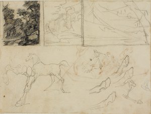 Blatt mit Skizzen: drei Landschaften, Pferde und Hufe von Jean Louis André Théodore Géricault