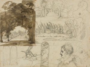 Skizzen von Parkansichten, Köpfen, ein Pferd von Jean Louis André Théodore Géricault