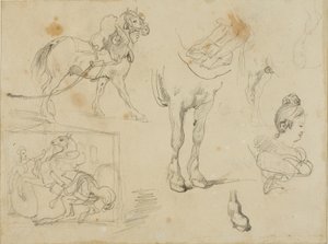 Studien eines Zugpferdes, eines Schmieds und einer jungen Frau von Jean Louis André Théodore Géricault