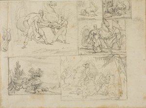 Drei Studien mit Skizzen einer bewaldeten Landschaft und einer Kavallerieschlacht von Jean Louis André Théodore Géricault