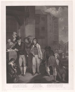 Gruppe von Figuren vor einem Lagerhaus in einem Hafen von Jean Louis Darcis