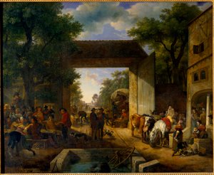 Ein Jahrmarkt vor der Tür einer Gaststätte von Jean Louis Demarne