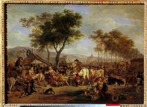 Jahrmarkt am Dorfeingang. Szene von Essen und Handel auf einem Dorffest