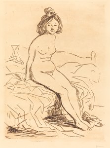 Nackte Frau, auf ihrem Bett sitzend, Vorderansicht