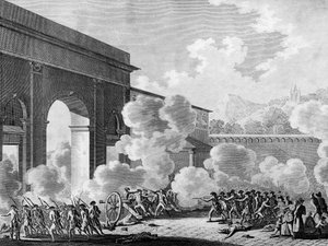 Französische Revolution: Fall von Nancy am 31. August 1790 (Meuterei der Garnison der Stadt Nancy). Gravur von Berthaut nach Prior. Paris, Bibliothek des Instituts für Revolutionsgeschichte