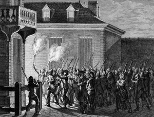 Französische Revolution: Pariser Wache durch das Volk in der Nacht vom 12. auf den 13. Juli 1789. Gravur von Berthaut nach Prior. Paris, Bibliothek des Instituts für Revolutionsgeschichte
