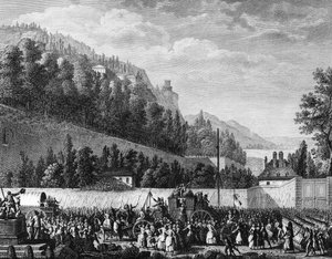 Französische Revolution: Die Damen der Halle gehen am 5. Oktober nach Versailles zum König von Jean Louis II (after) Prieur