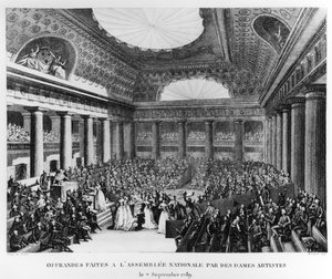 Opfergaben an die Nationalversammlung im Salle des Menus-Plaisirs von Künstlerinnen, 7. September 1789, graviert von Pierre Gabriel Berthault (1737-1831)