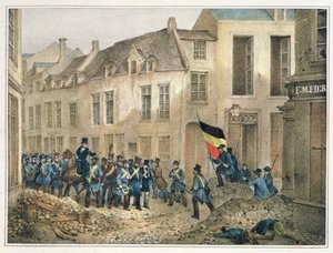 Die Rue de Louvain, Brüssel, 23. September 1830, graviert von A.M. Jobard von Jean Louis Van Hemelryck