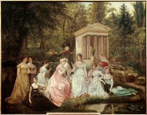 Die Rose von Malmaison: Kaiserin Josephine de Beauharnais und Kaiser Napoleon Bonaparte und seine Ehrendamen. Gemälde von Victor Vigger du Vigneau (1819-1879) von Jean Louis Victor Viger du Vigneau