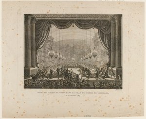 Fest der Leibwächter, Flandern-Regimenter, Montmorency-Dragoner und Nationalgarden von Versailles. Sie treten auf die Nationalkokarde und zeigen die schwarze Kokarde, ein Zeichen der "Aristokratischen Konföderation" von Jean Louis the Younger Prieur