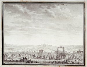 Französische Revolution: „Die Truppen des Champ-de-Mars auf dem Weg zum Place Louis XV: 12. Juli 1789“ Zeichnung in Tinte und Waschung von Jean-Louis Prieur 18. Jahrhundert. Paris, Musee Carnavalet