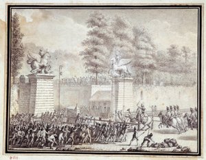Französische Revolution: Monsieur de Lambesc betritt die Tuilerien mit einem Detachement des königlichen deutschen Regiments am 12. Juli 1789