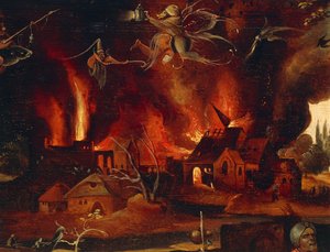 Die Versuchung des Hl. Antonius (Detail), zeigt die Stadt in Flammen und Dämonen von Jean Mandyn