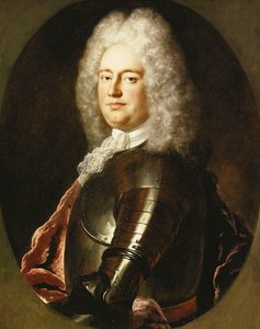 Porträt eines Gentlemans, Halbfigur, in Rüstung, mit weißem Jabot und rotem Umhang, in einem gemalten Oval von Jean Marc Nattier