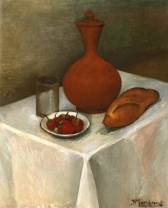 Stillleben mit irdenem Krug, Brot und Erdbeeren