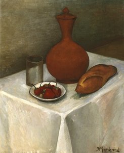 Stillleben mit Irdenwarekrug, Brot und Erdbeeren