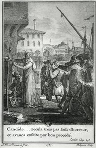 Candide... trat drei Schritte zurück, ergriffen von Schrecken, und trat dann wieder vor, Illustration aus Kapitel 29 von Candide von François Voltaire (1694-1778), graviert von Jean Louis Delignon (1755-1804) 1787 von Jean Michel the Younger Moreau
