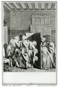 Der Baron... begrüßte Candide mit einigen bemerkenswerten Tritten auf den Hintern und warf ihn hinaus, Illustration aus Kapitel 1 von Candide von François Voltaire (1694-1778), graviert von Louis Michel Halbou von Jean Michel the Younger Moreau