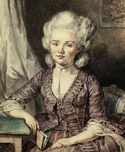 Eine junge Dame, sitzend an einem Tisch mit einem Buch von Jean Michel the Younger Moreau