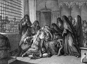 Abelard und Heloise: Heloise nimmt den Schleier in der Abtei der Frauen von Argenteuil. Gravur von Jean Michel Moreau, genannt Moreau le Jeune. von Jean Michel the Younger Moreau