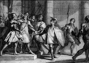 Verhaftung von Ludwig I. dem Frommen oder dem Milde (778-840), 830: seine drei Söhne (Lothar, Pippin und Ludwig) revoltierten gegen seine Entscheidung, seinen jüngsten Sohn, den zukünftigen Karl den Kahlen, in seine Nachfolge aufzunehmen. Gravur von Jean M
