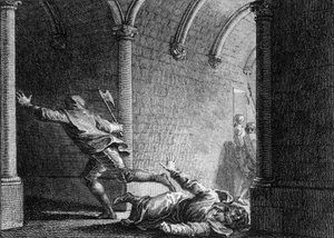 Ermordung von Ebroin, Bürgermeister des Palastes von Neustrien, 681: Er wurde mit einer Axt von Hermanfroi, einem Herrn, den er seines Eigentums beraubt hatte, getötet. Gravur von Jean Michel Moreau, genannt Moreau le Jeune (1741-1814) von Jean Michel the Younger Moreau