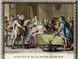 Geburt der französischen Poesie: Troubadoure, gefolgt von Gauklern und Minnesängern, rezitieren die ersten Gedichte auf Französisch während der Festlichkeiten unter den Adligen im 12. Jahrhundert. Gravur von Moreau le Jeune