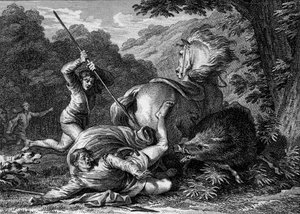 Karlmann II. starb 884 bei einem Jagdspiel. Ein Diener stieß versehentlich seinen Spieß in den Oberschenkel des Königs, als er ihm gegen ein Wildschwein helfen wollte. Gravur von Jean Michel Moreau, genannt Moreau le Jeune